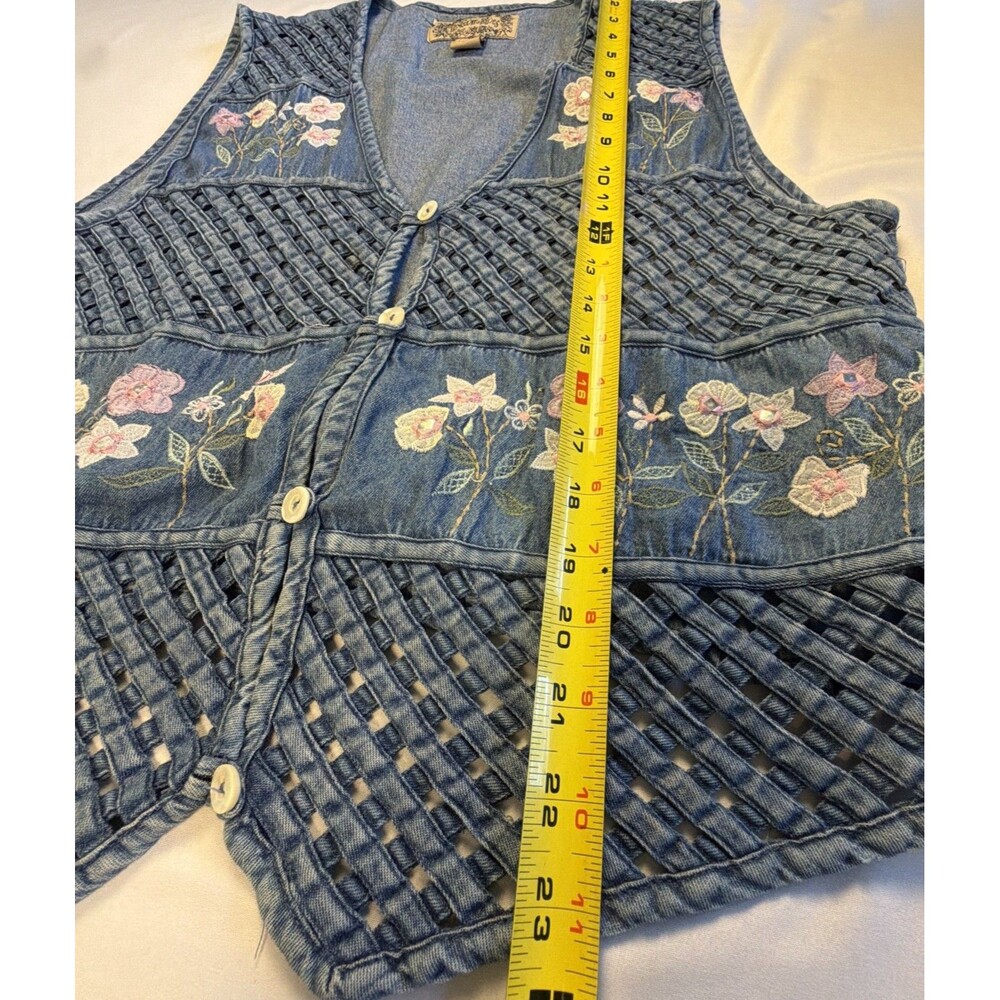 Vtg Tantrum Blues Floral Jean Vest LP Cottagecore Coastal Grandma Boho Lattice - Picture 7 of 11